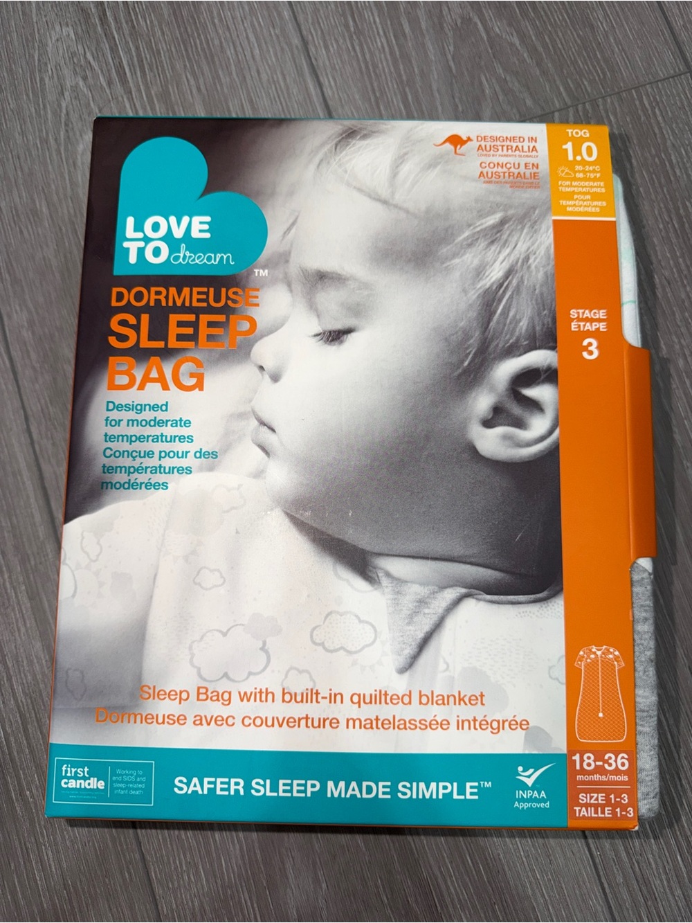 Love to dream Sleep Bag Stage 3 in White and Orange Packaging